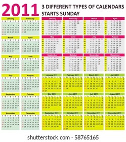 Big set of 2011 calendars. Different types (starts Sunday)