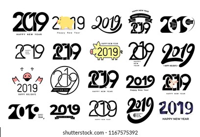 Big Set of 2019 text design pattern. Collection of Happy New Year and happy holidays. Vector illustration. Isolated on white background