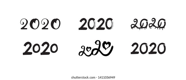 Big Set of 2020 hand drawn design pattern. Set of calligraphy, hand drawn numbers for Chinese Year of the Rat. Grunge 2020 collection is isolated on white background. Vector illustration. EPS10