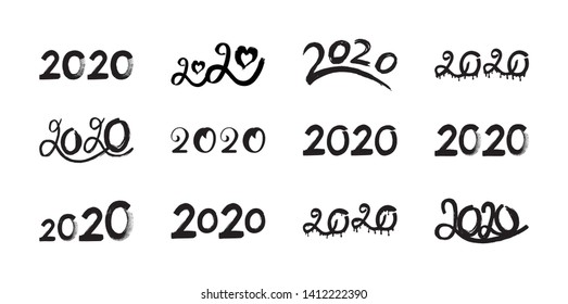 Big Set of 2020 hand drawn design pattern. Set of calligraphy, hand drawn numbers for Chinese Year of the Rat. Grunge 2020 collection is isolated on white background. Vector illustration. EPS10