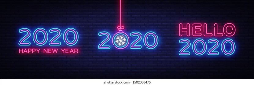 Big set 2020 Happy New Year Neon Text. 2020 Hello New Year Design template for Seasonal Flyers and Greetings Card or Christmas themed invitations. Light Banner. Vector Illustration