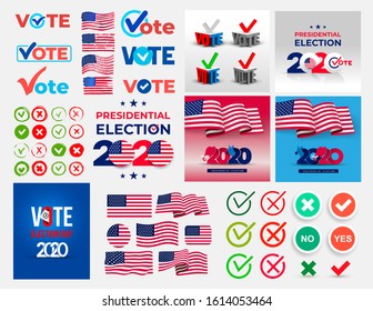 Big set of 2020 United States of America Presidential election. Design logo. Political symbols of an elephant and donkey. Collection of Vote and flags vector illustration isolated on white background.