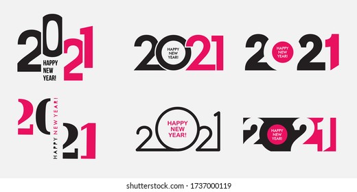 Big Set of 2021 Happy New Year logo text design. 2021 number design template. Collection of 2021 happy new year symbols. Vector illustration with black and pink labels isolated on white background. 