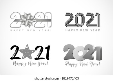 Big Set of 2021 Happy New Year logo text design. 2021 number design template. Collection of 20 21 happy new year symbols with bow, line art, star and 3d numbers. Vector illustration 