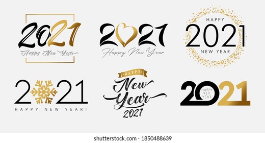 Big Set of 2021 Happy New Year gold and black logo with heart, snowflake and lettering. 20 & 21 number design template. Collection of 2021 Xmas symbols. Vector illustration with golden & black labels