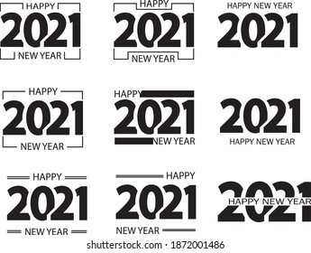 Big Set of 2021 Happy New Year logo text design. 2021 number design template. Collection of 2021 happy new year symbols. Vector illustration with black labels isolated on white background. EPS 10