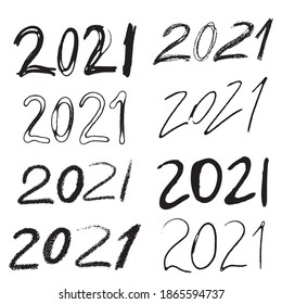 Gran juego de letras de signos de texto de 2021 para Año Nuevo. Colección de plantillas de números 2021 para el año nuevo hecho con tinta a mano. Caligrafía para el diseño de tarjetas de vacaciones. Vector.