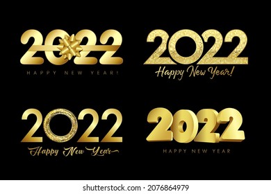 Big Set von 2022 goldenem Logo Design elegante Schleife, Ring, Mosaik und 3D Zahlen auf schwarzem Hintergrund. Weihnachtstypografie mit goldenem Farbtext für Banner, Kalender oder Grußkarte. Vektorgrafik