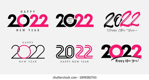 Big Set of 2022 Happy New Year gold colored logo text design. 20 and 22 number design template. Collection of 2022 Xmas symbols. Vector illustration with black labels isolated on white background