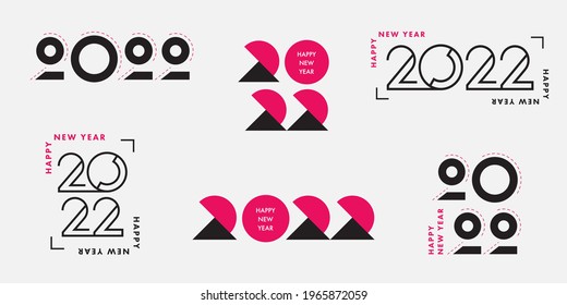 Gran juego de diseño de texto del logo de Año Nuevo Feliz 2022. plantilla de diseño de números 2022. Colección de símbolos del año nuevo feliz 2022. Ilustración vectorial con etiquetas negras y rosas aisladas en fondo blanco. 