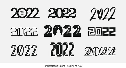 Big Set of 2022 Happy New Year logo text design. 2022 number design template. Collection of 2022 happy new year symbols. Vector illustration with black labels isolated on white background. 