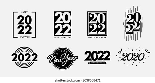 Big Set of 2022 Happy New Year logo text design. 2022 number design template. Collection of 2022 happy new year symbols. Vector illustration with black labels isolated on white background.