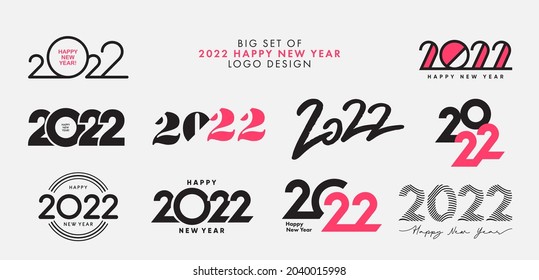 Big Set of 2022 Happy New Year logo text design. 2022 number design template. Collection of 2022 happy new year symbols. Vector illustration with black labels isolated on white background. 