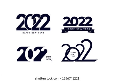 Big Set of 2022 text design pattern. Collection of Happy New Year and happy holidays. Vector illustration with dark blue holiday labels isolated on white background.