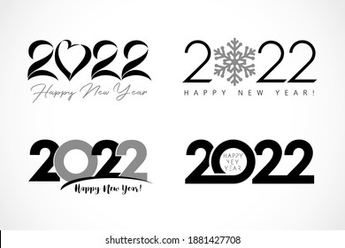 Big Set of 2022 text design with heart, snow, simple. Collection of Happy New Year label and happy holidays template greeting card. Vector illustration isolated on white background