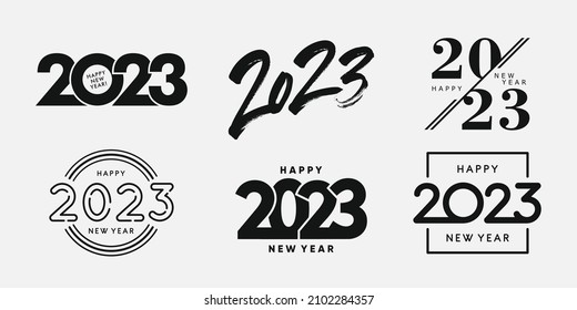 Big Set of 2023 Happy New Year logo text design. 2023 number design template. Collection of 2023 Happy New Year symbols. Vector illustration with black labels isolated on white background. 