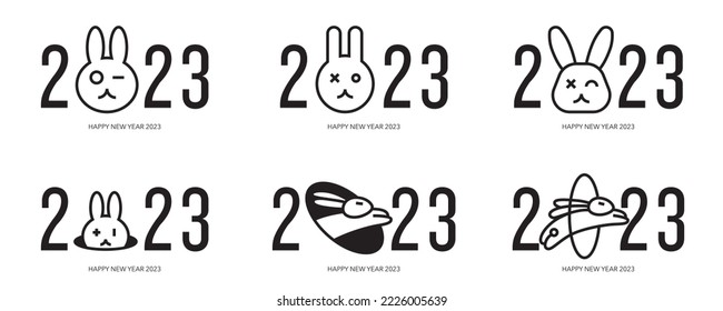 Big Set of 2023 Happy New Year logo text design. Collection of 2023 Happy New Year symbols. Vector illustration with black labels isolated on white background.