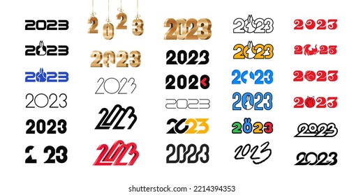 Big set with 2023 numbers and silhouette rabbit in different style vector illustration. Elements design for Chinese new year card and banner