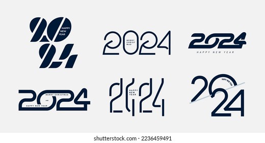 Big set 2024 Happy New Year black logo text design. Trends 2024 number design template. Modern symbols 2024 Happy New Year. Vector illustration with creative black labels for banner, greeting, holiday