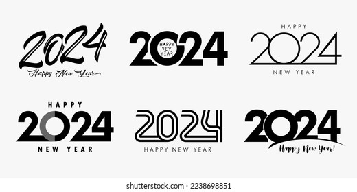 Big Set of 2024 Happy New Year black logo text design. Creative collection of 2024 New Year symbols. 2024 number design template. Vector illustration in black colors isolated on white background