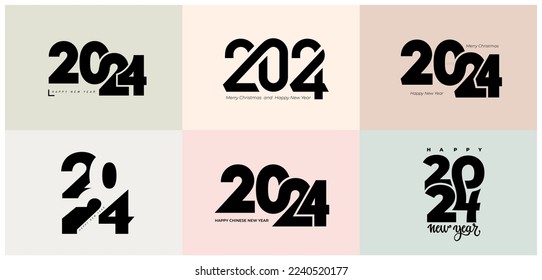 Big set 2024 Happy New Year black logo text design. Black number design template. Symbols of 2024 Happy New Year. Vector with creative labels isolated on colored background.