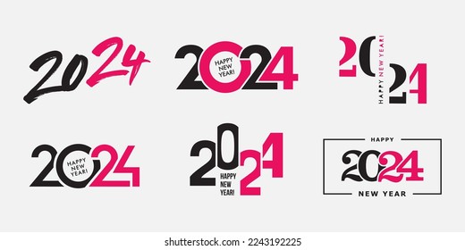 Big Set of 2024 Happy New Year logo text design. 2024 number design template. Collection of 2024 Happy New Year symbols. Vector illustration with black and pink labels isolated on white background.