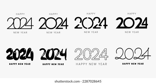 Gran juego 2024 Feliz Año Nuevo diseño de texto negro del logo. plantilla de diseño de números 2024. Colección de símbolos de Año Nuevo Feliz 2024. Ilustración vectorial con etiquetas creativas aisladas en fondo blanco.