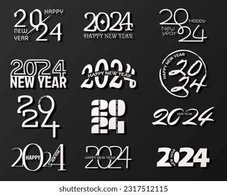 Big Set of 2024 Happy New Year logo text design. Christmas poster collection 2024 Happy New Year. Vector illustration with black labels logo for diaries, notebooks, calendars.