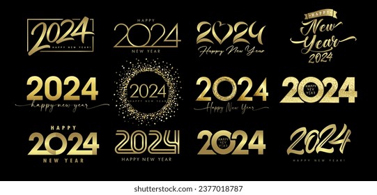 Gran conjunto de 2024 Feliz Año Nuevo, diseño de texto con logo dorado. Señal vectorial ilustraciones de lujo de saludos y celebración del nuevo año 2024