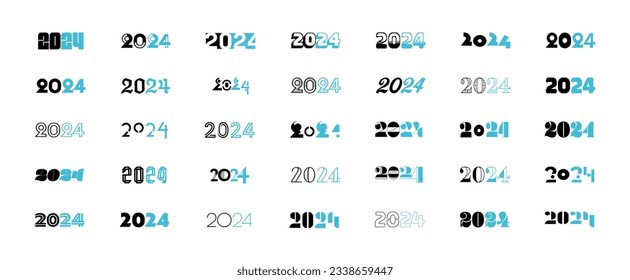 Big set of 2024 new year logo text design for poster, flyer, calendar, cover and media post.