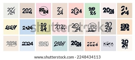 Big Set of 2024 number design template. 2024 Happy New Year logo text design. Christmas collection of 2024 Happy New Year. Vector illustration with black labels logo for diaries, notebooks, calendars.