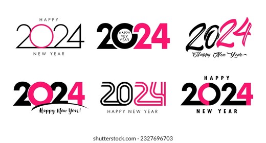 Big Set of 2024 pink logo Happy New Year text design. Template typography for greeting card, celebration banner or poster. Vector Illustration