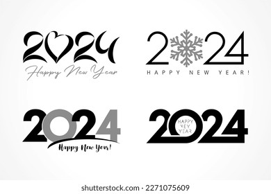 Big Set of 2024, text design logo with snowflake, heart and inscription. Happy New Year 2024, isolated graphic template symbols. Creative vector Christmas decoration 