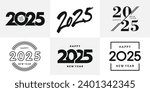Big Set of 2025 Happy New Year logo text design. 2025 number design template. Collection of 2025 Happy New Year symbols. Vector illustration with black labels isolated on white background.