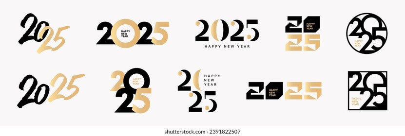 Big Set of 2025 Happy New Year logo text design. 2025 number design template. Collection of 2025 Happy New Year symbols. Vector illustration with black and gold labels isolated on white background.