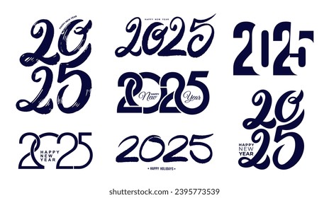 Big set 2025 Happy New Year logo text design. Numbers hand drawn, with a brush. Collection of 2025 number design template. Vector symbols decoration. Christmas vector illustration with black labels.