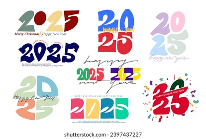 Big Set of 2025. Happy New Year Typography. Template Vector Logo Design with Hand Drawn Style in Colorful Color. Collection of Christmas decoration numbers, for poster, banner, card.