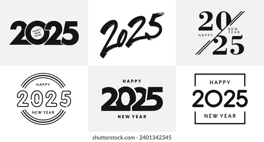 Big Set of 2025 Happy New Year logo text design. 2025 number design template. Collection of 2025 Happy New Year symbols. Vector illustration with black labels isolated on white background.