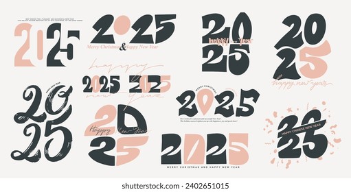 Gran juego de diseño del logo de Feliz Año Nuevo 2025. Colección navideña de la plantilla de diseño de números de 2025. Texto de plantilla Símbolos de Feliz Año Nuevo. Vector para año nuevo, calendario, tarjeta de saludo, banner, volante, medios.