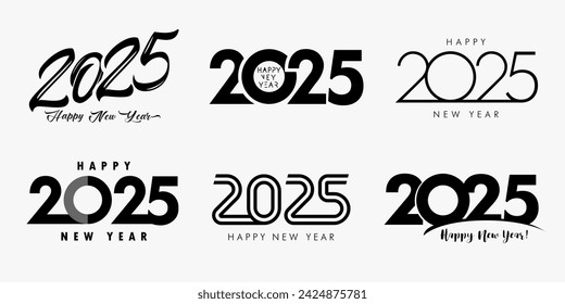 Big Set of 2025 Happy New Year black logo text design. Creative New Year icons concept for calendar cover or greeting card. Vector illustration