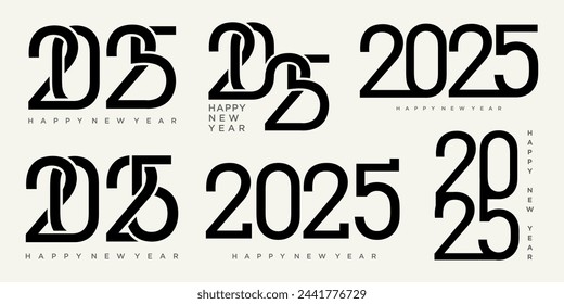 Conjunto grande de 2025 Feliz Año Nuevo diseño de texto de logotipo. Plantilla de diseño de número 2025. Ilustración de vector