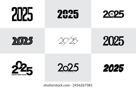 Big Set of 2025 Happy New Year logo text design. 2025 number design template. Collection of 2025 Happy New Year symbols. Vector illustration with black labels isolated on white background.