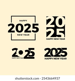 Grande conjunto de 2025 Feliz Ano Novo logotipo texto design. Modelo de projeto do número 2025. Coleção de símbolos de Ano Novo Feliz 2025. Ilustração vetorial com rótulos pretos isolados no fundo branco.