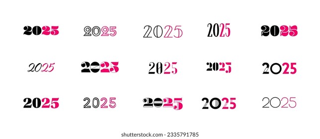 Big set of 2025 new year logo text design.