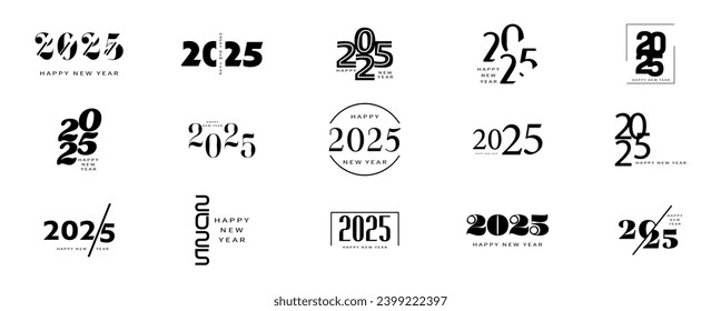 Big set of 2025 new year logo text design.