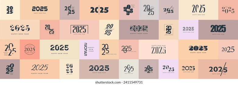 Big set of 2025 new year logo text design.