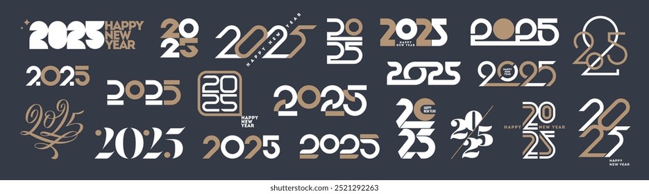 Grande conjunto de 2025 logotipo de ano novo. Número do projeto de texto do ano. Elementos de design para cartão de mensagem, convite, calendário, etc.