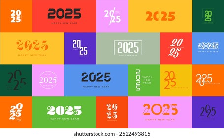 Big set of 2025 new year logo text design. 2025 logo concept for calendar, poster, flyer, banner. Modern design for calendar, invitations, greeting cards. Set of new year logo text design.