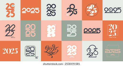 Grande conjunto de 2025 logotipo de ano novo. Número de anos de projeto. Elementos de design para convite, calendário, cartão de mensagem, etc. Ilustração vetorial.