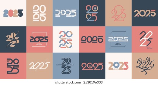 Grande conjunto de 2025 logotipo de ano novo. 2025 símbolos de ano novo feliz. Elementos de design para convite, calendário, cartão de mensagem, etc. Ilustração vetorial.